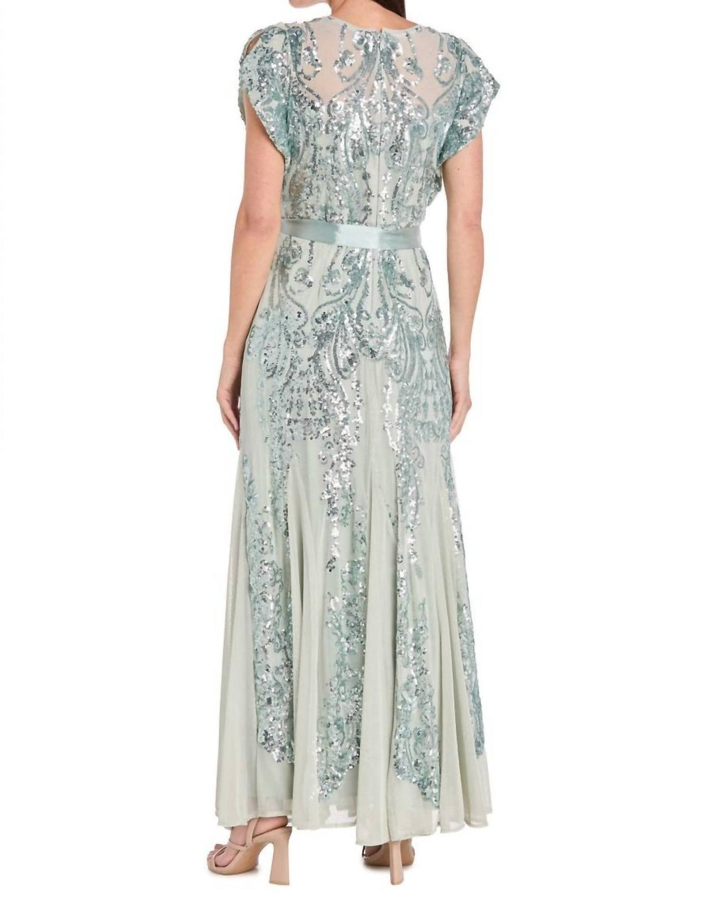 R&M Richards - Sequin Godet Gown With Satin Bow