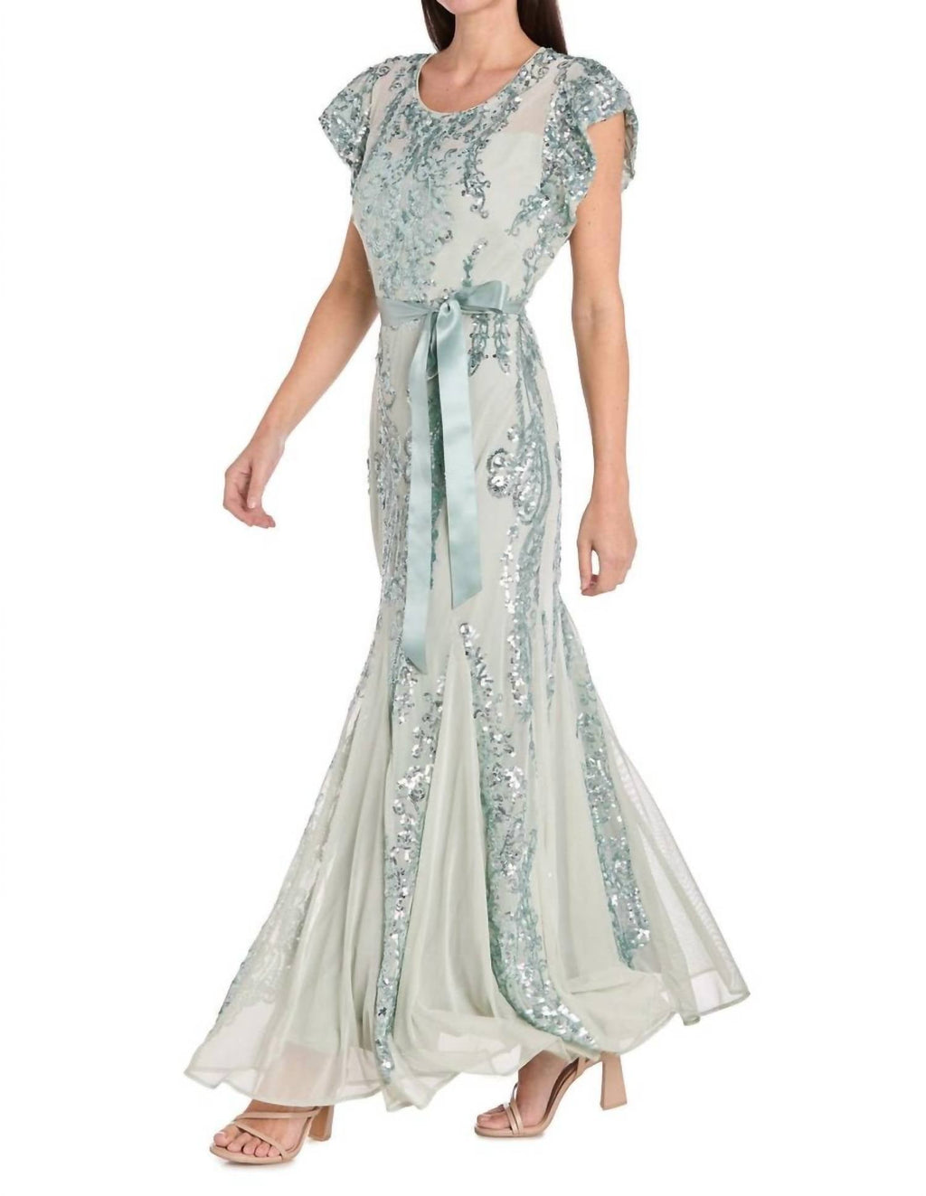 R&M Richards - Sequin Godet Gown With Satin Bow