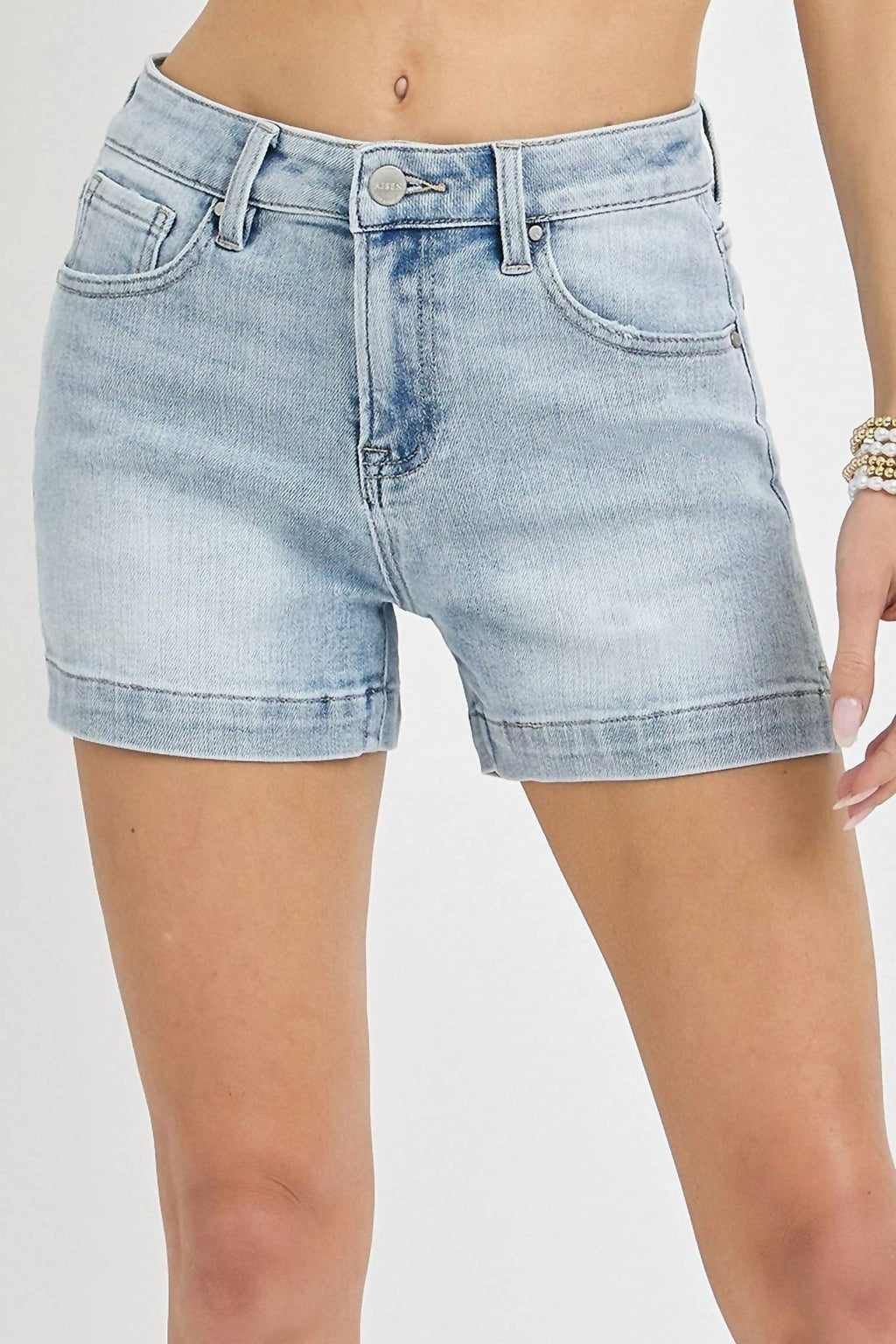 Risen - High Rise Side Slit Denim Shorts