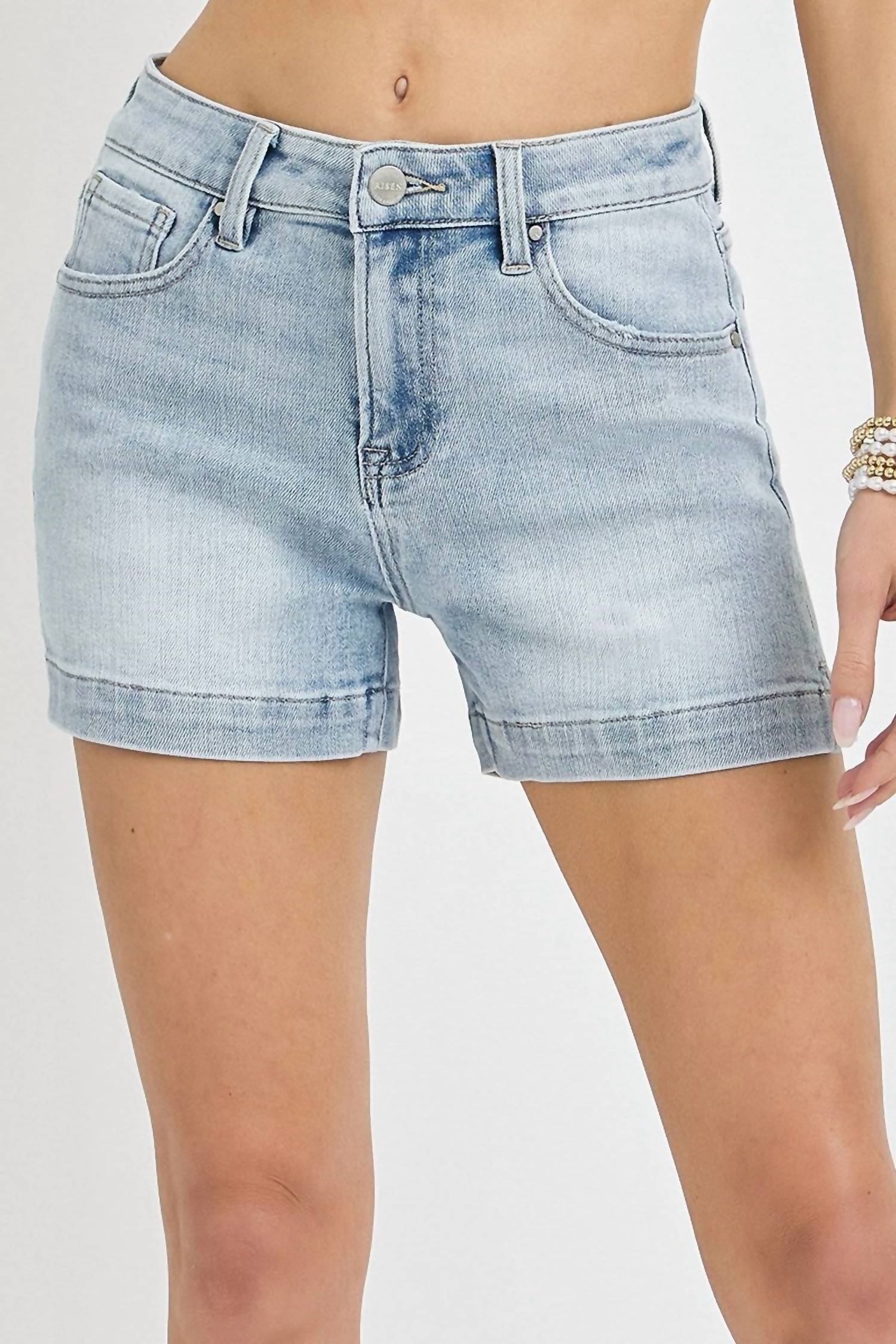 Risen - High Rise Side Slit Denim Shorts
