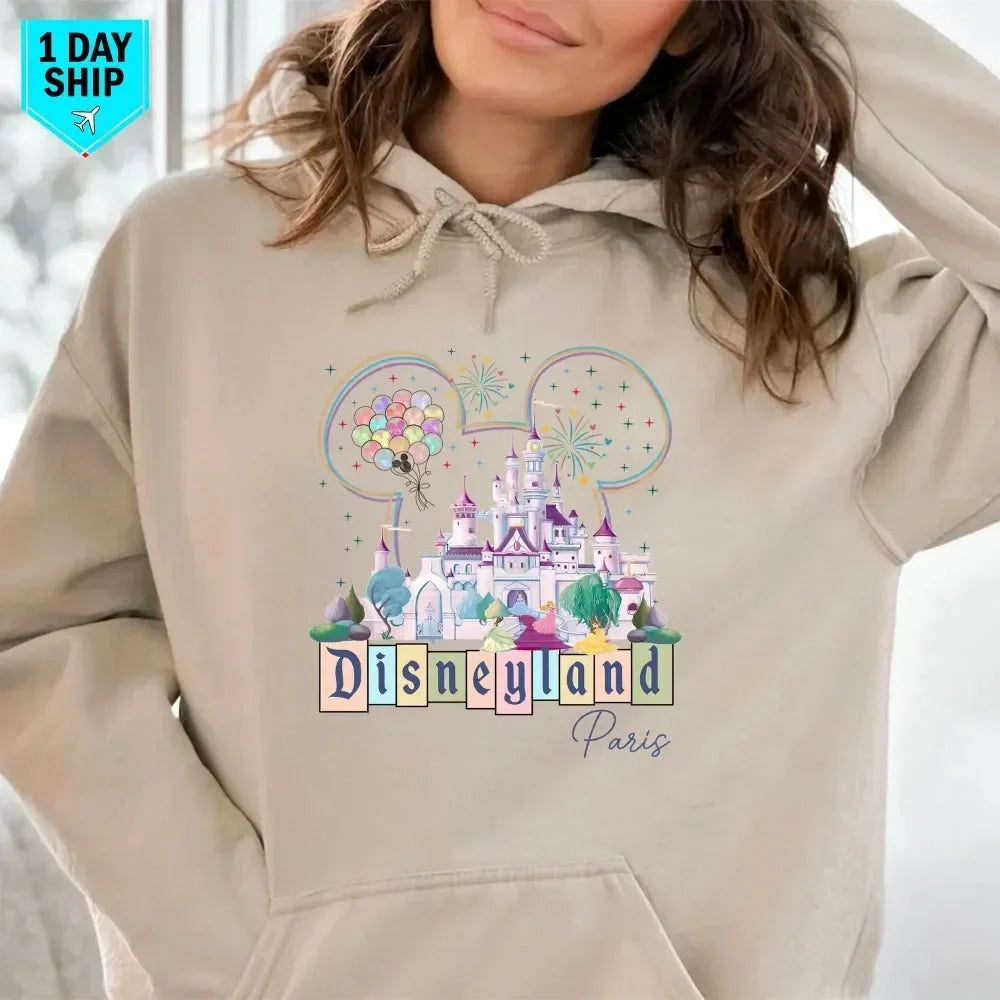 Paris Castle Hoodie Magic Kingdom Castle Pullover Princess Pullover Mickey Head Colorful Balloons
