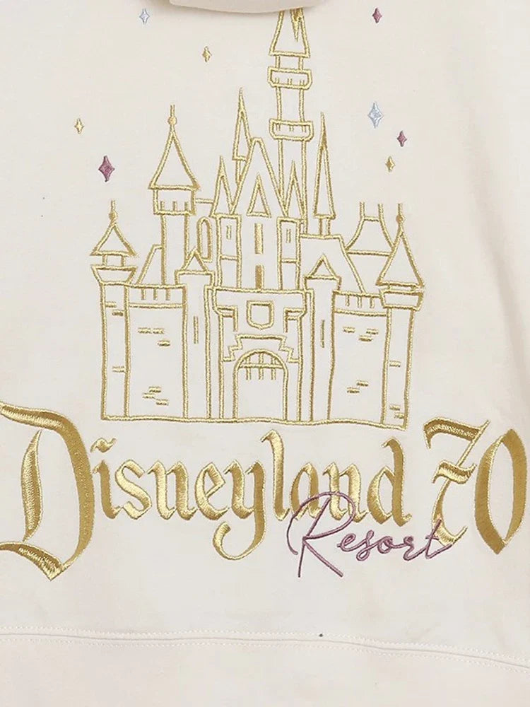 70th Anniversary Castle Mickey Mouse Letter Print Embroidery Fleece Sweatshirt Unisex Women Zip Up Jacket Jumper Tops