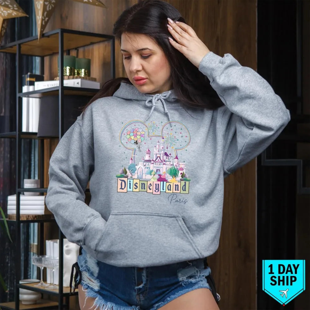 Paris Castle Hoodie Magic Kingdom Castle Pullover Princess Pullover Mickey Head Colorful Balloons