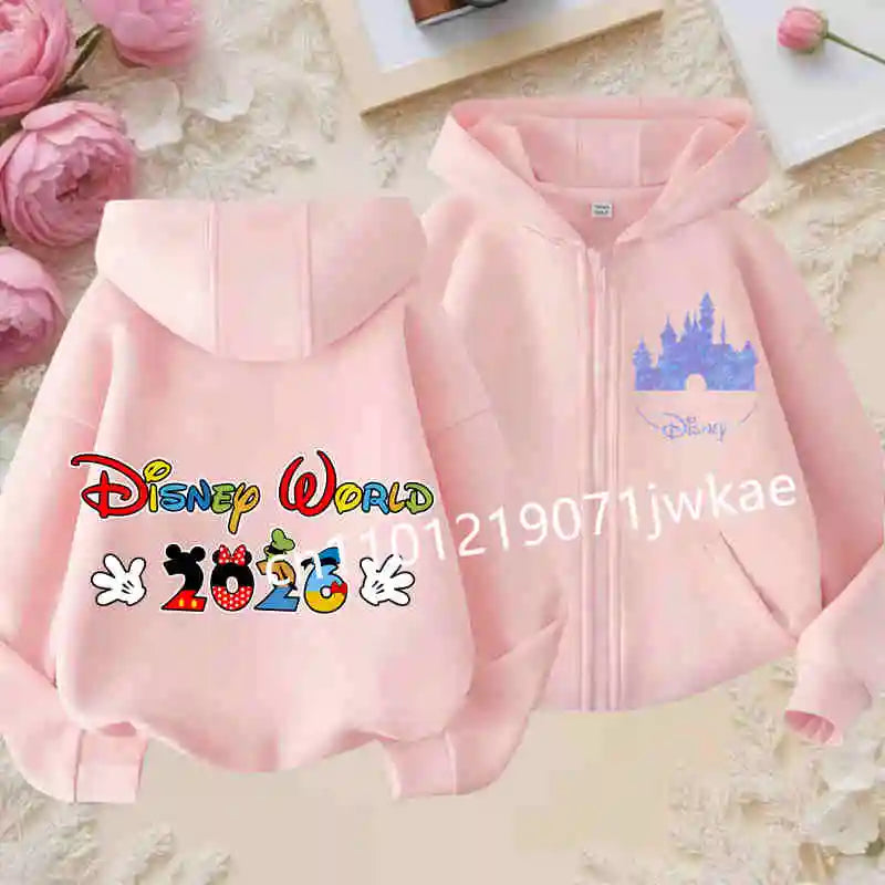 Boys and Girls Clothing Castle Pattern Kids Hoodie Jacket for Children 2026 Fashion Minnie Mickey Castle Zipper Hoodie Closure