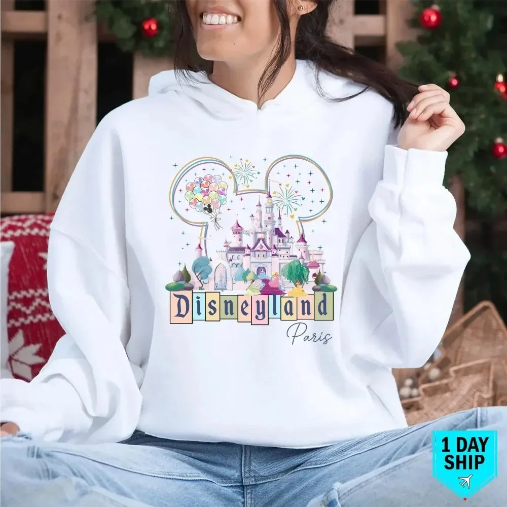 Paris Castle Hoodie Magic Kingdom Castle Pullover Princess Pullover Mickey Head Colorful Balloons