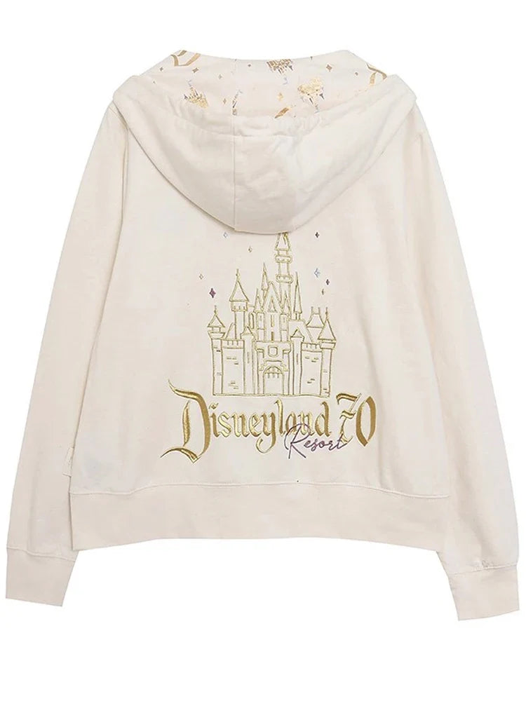 70th Anniversary Castle Mickey Mouse Letter Print Embroidery Fleece Sweatshirt Unisex Women Zip Up Jacket Jumper Tops