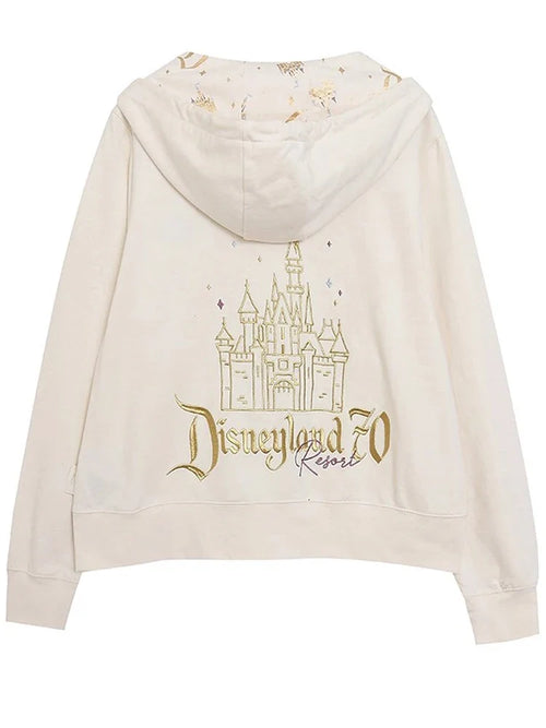70th Anniversary Castle Mickey Mouse Letter Print Embroidery Fleece Sweatshirt Unisex Women Zip Up Jacket Jumper Tops