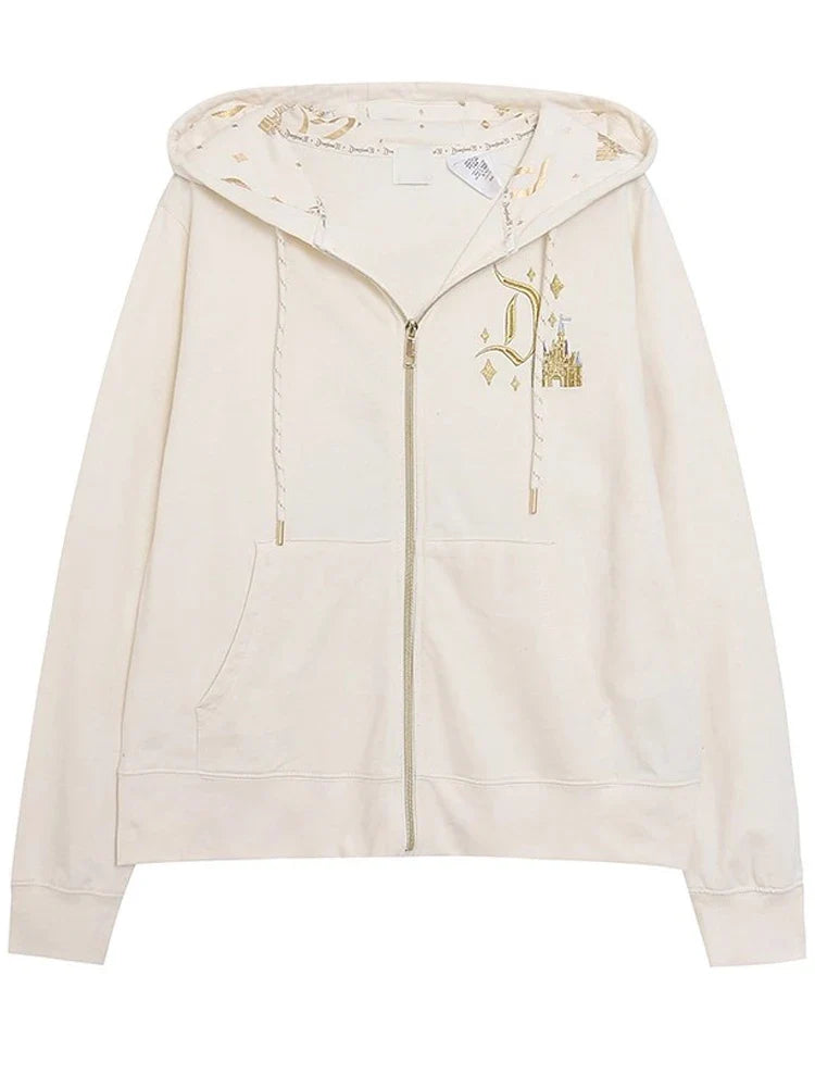 70th Anniversary Castle Mickey Mouse Letter Print Embroidery Fleece Sweatshirt Unisex Women Zip Up Jacket Jumper Tops