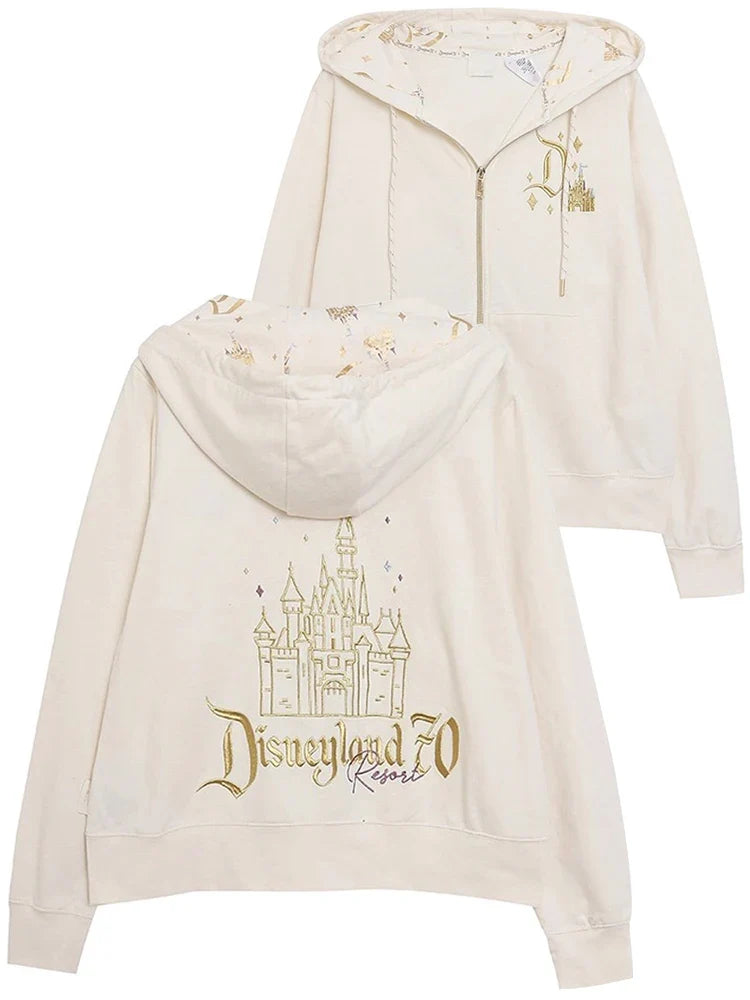 70th Anniversary Castle Mickey Mouse Letter Print Embroidery Fleece Sweatshirt Unisex Women Zip Up Jacket Jumper Tops