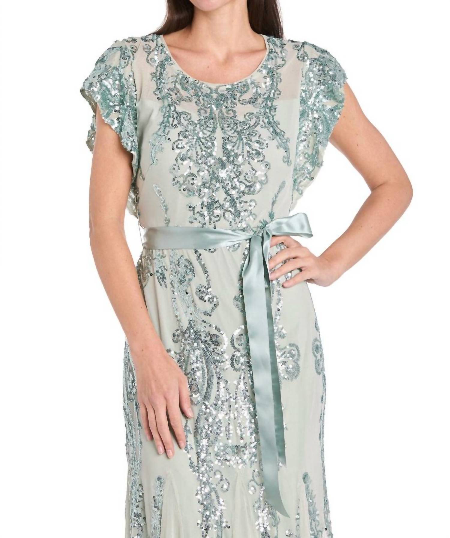R&M Richards - Sequin Godet Gown With Satin Bow