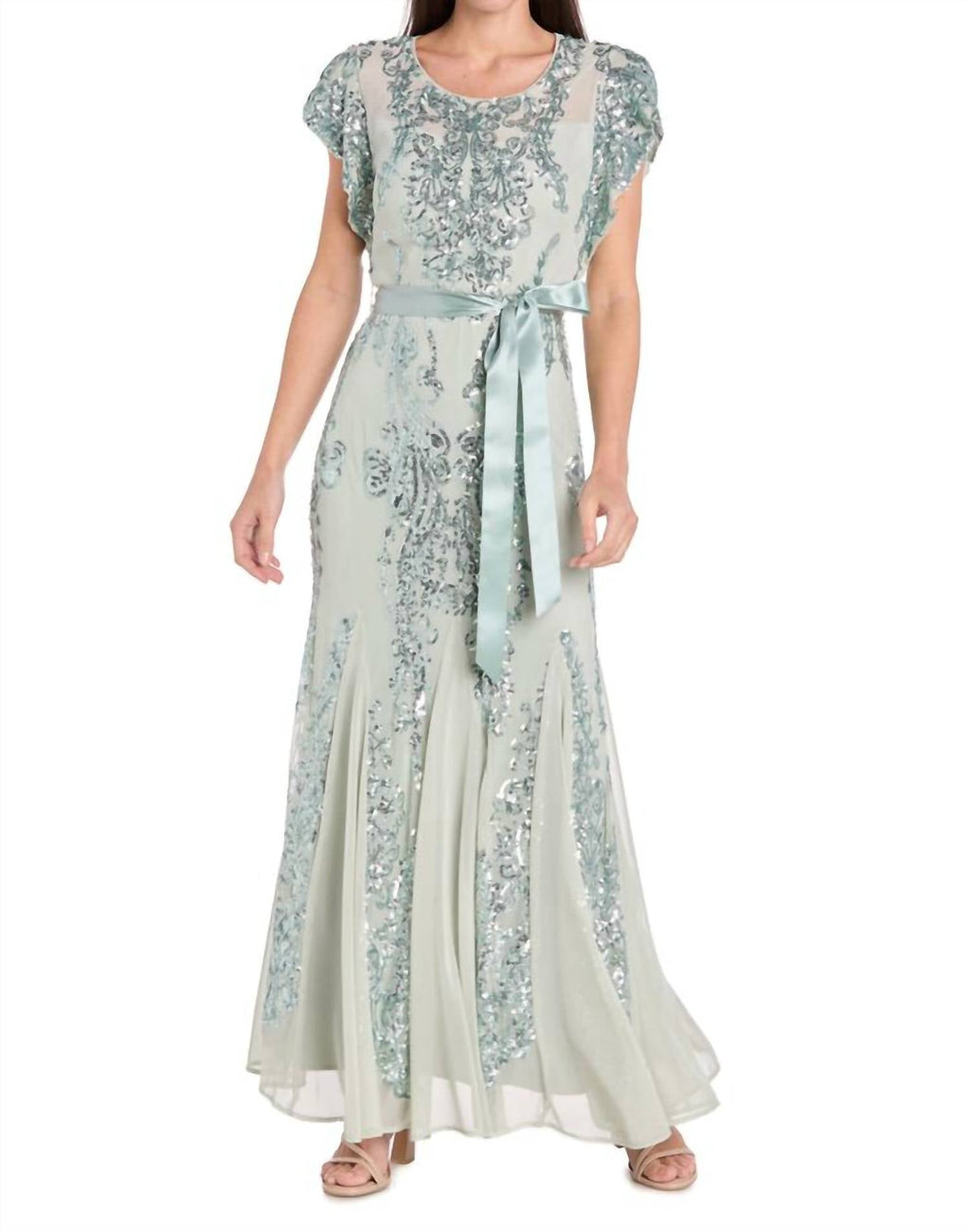 R&M Richards - Sequin Godet Gown With Satin Bow