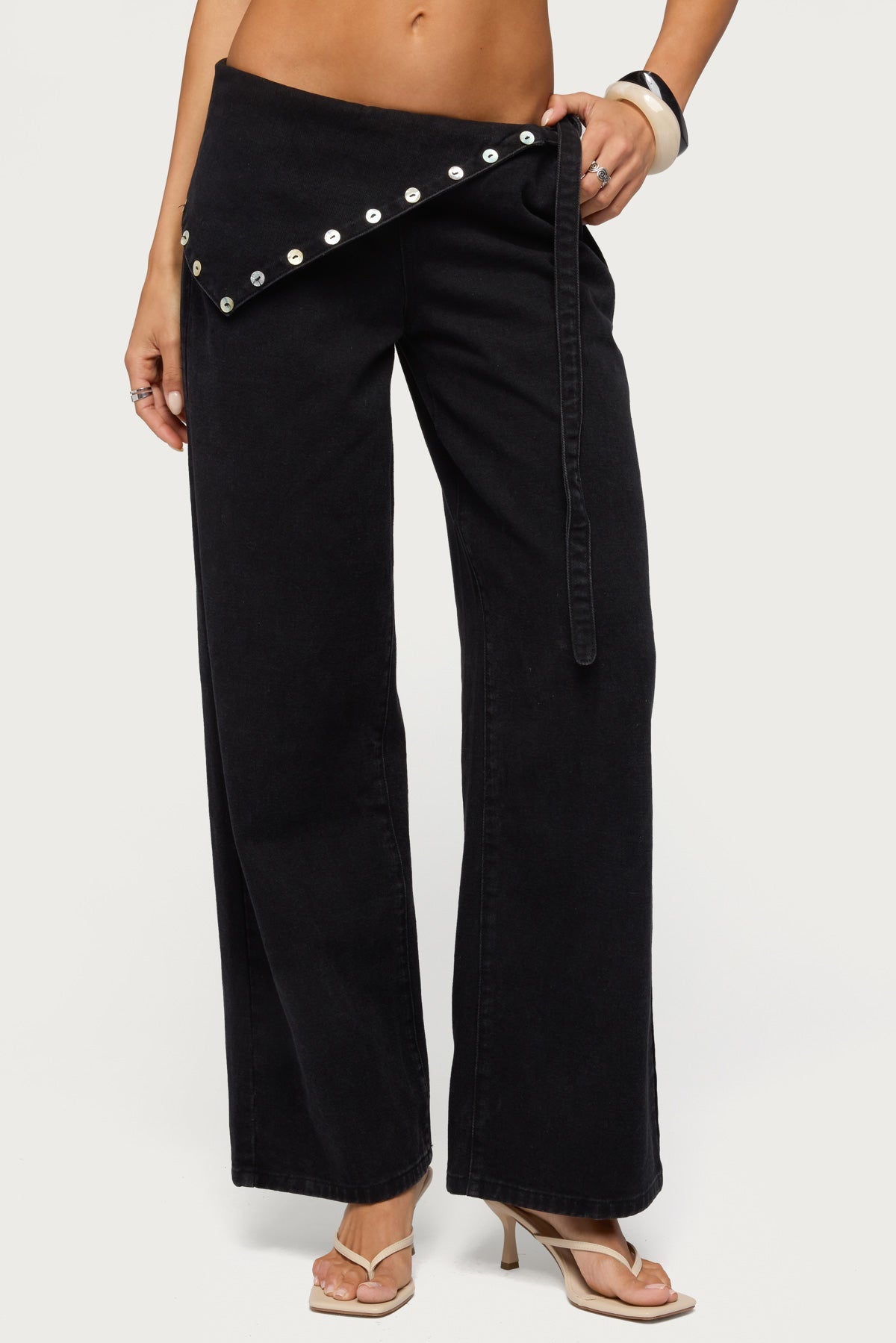 Button Foldover Low Rise Baggy Jeans