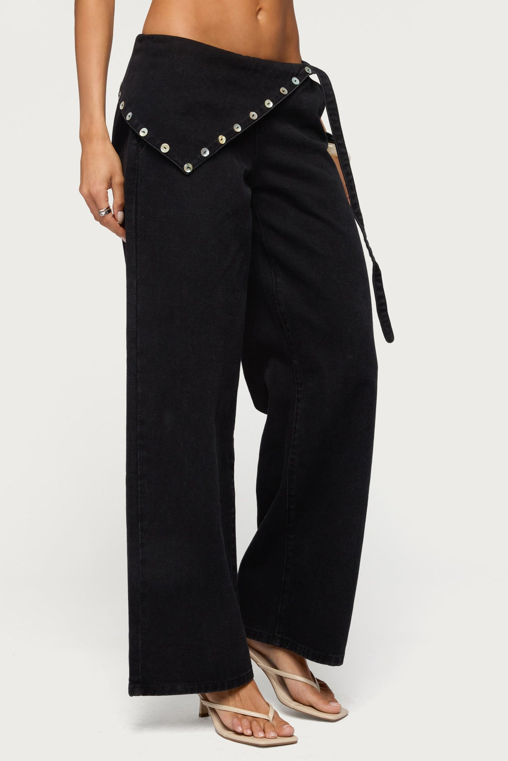 Button Foldover Low Rise Baggy Jeans