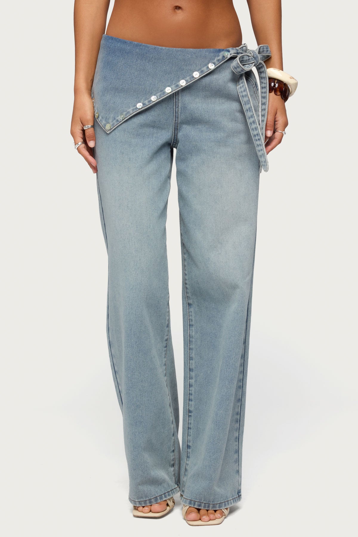 Button Foldover Low Rise Baggy Jeans